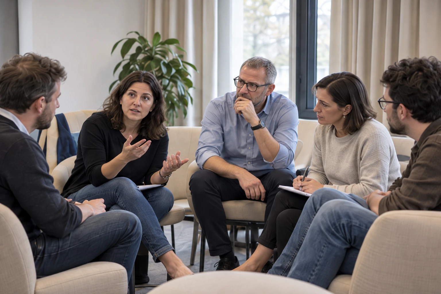 Eine Teilnehmerin bringt eine Kundenfrage in die Case Clinic ein. Die Gruppe hört zu.