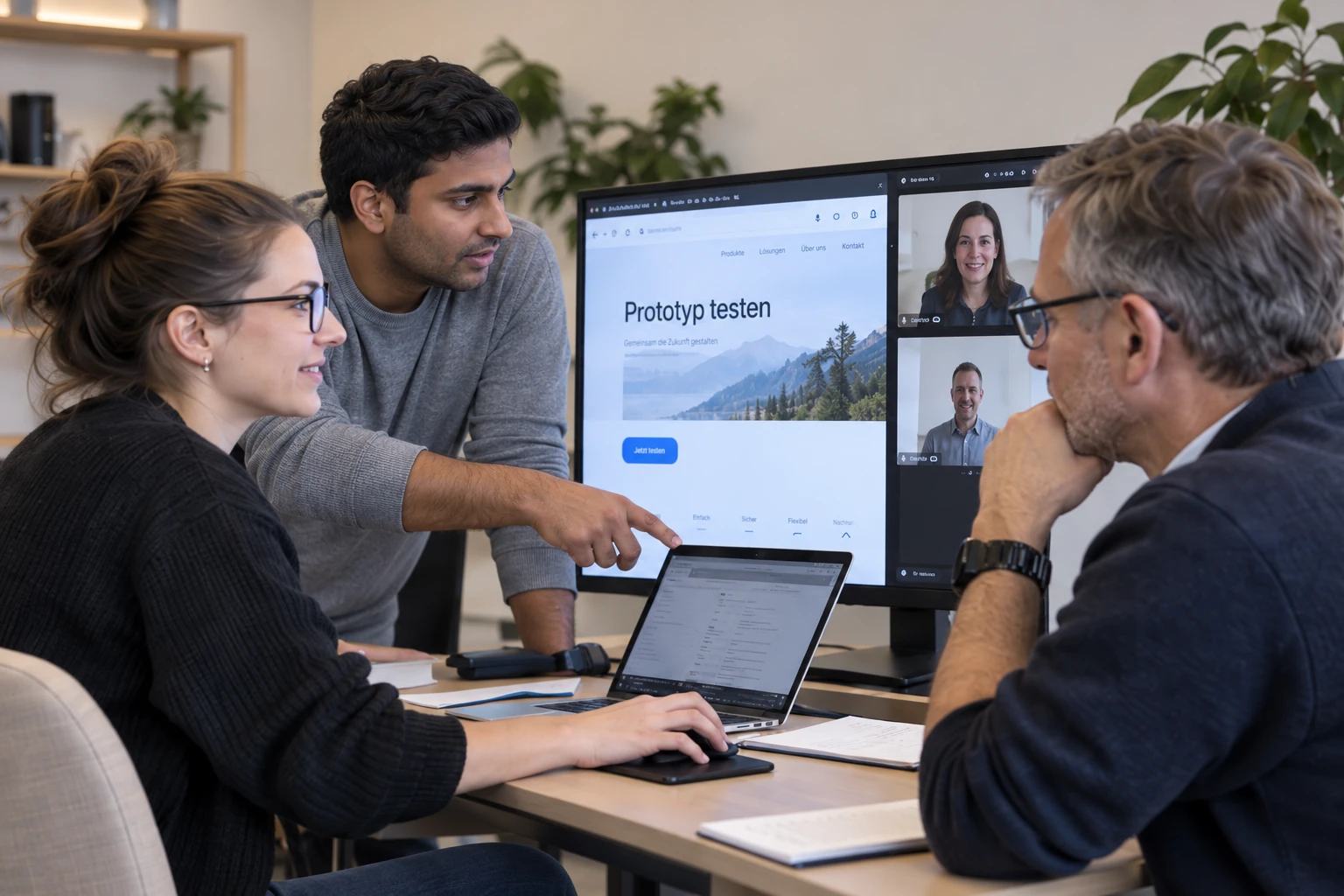 Ein Team prüft einen Website-Prototyp mit zwei per Videocall zugeschalteten Teilnehmern.