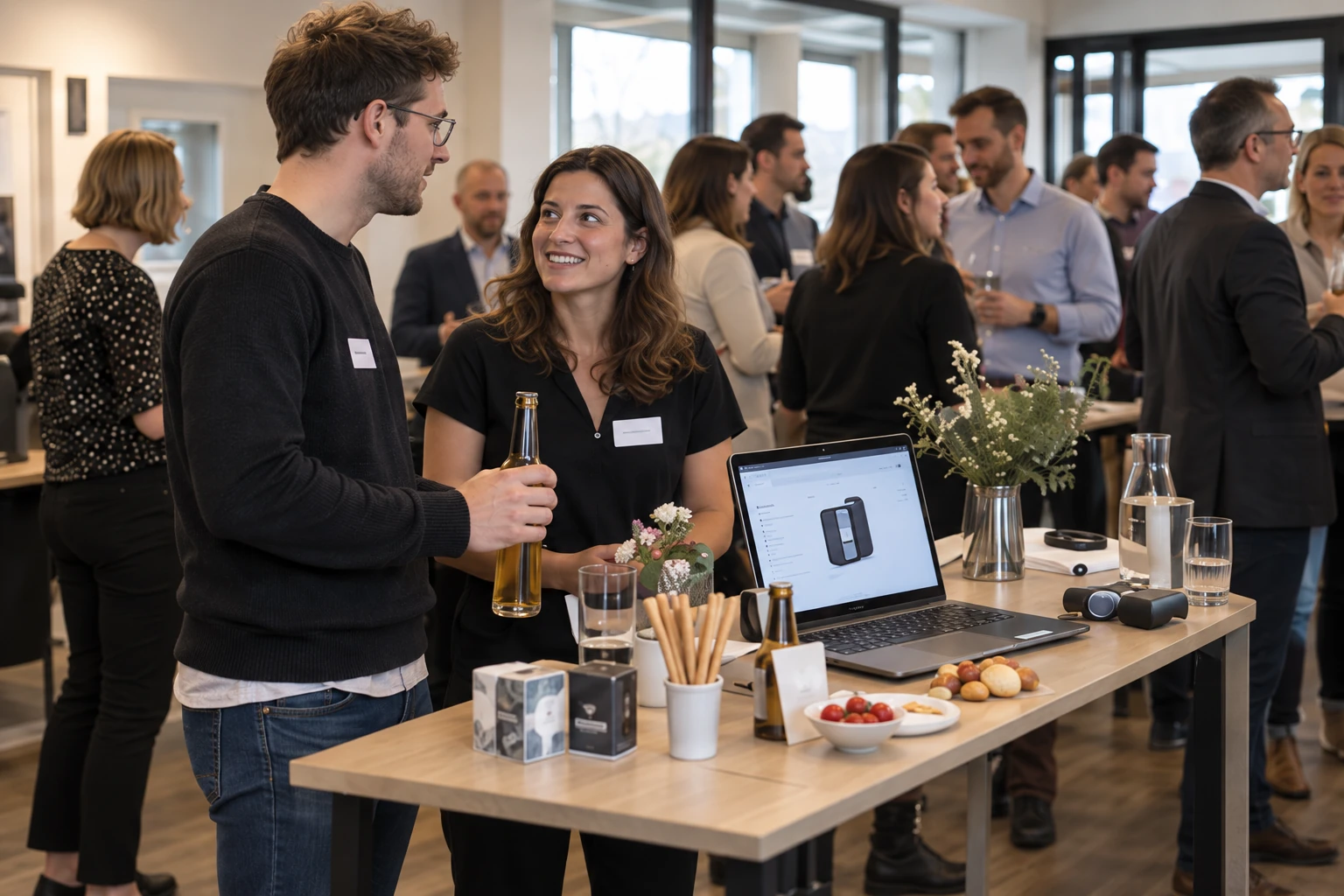 Eine grössere Gruppe zeigt Innovationen, probiert Demonstratoren aus und feiert gemeinsam.