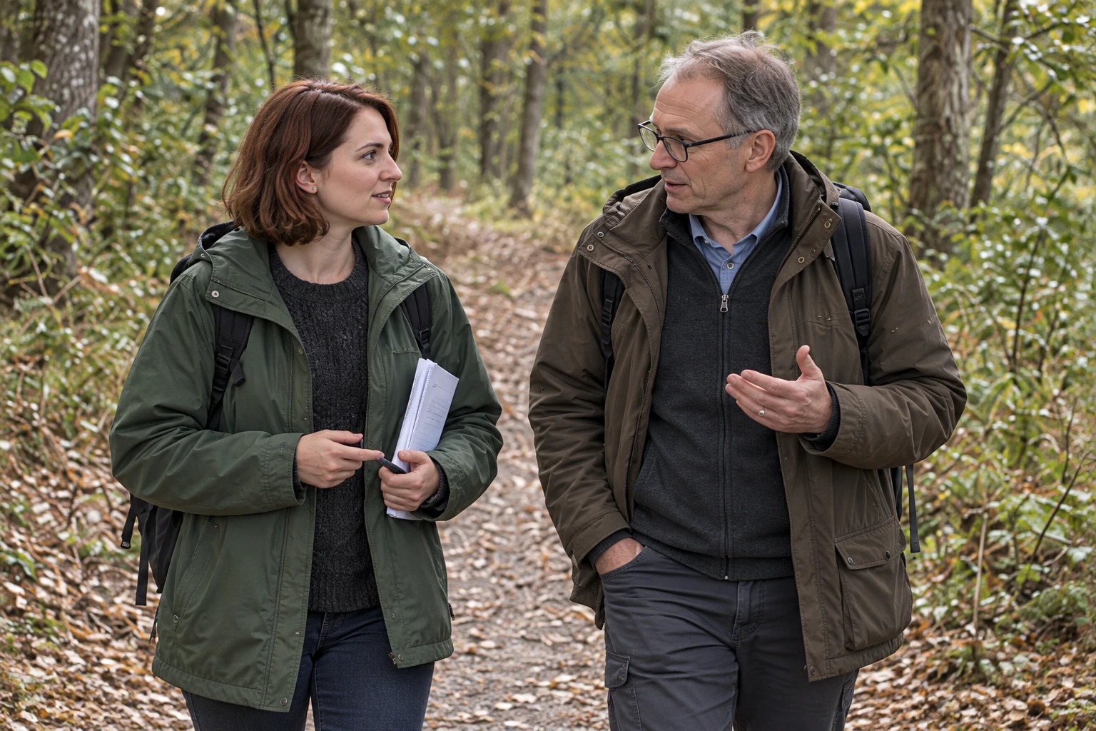 Eine junge Gründerin bespricht ihr Geschäftsmodell beim Waldspaziergang mit einem erfahrenen Mentor.